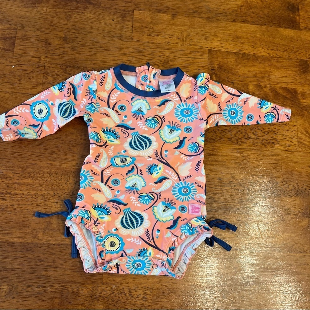 Ruffle Butts Orange Blue Floral Kids Rashguard one piece swimsuit size 3-6 M